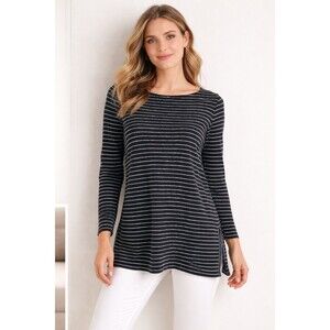 J. Jill Petite Small Black White Striped Tunic Top Long Sleeve Boat Neck Slits